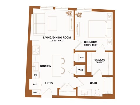 A floor plan of a house with a living room, kitchen, dining room, bedroom, bathroom, and closet.